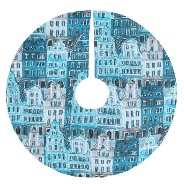 Amsterdam architecture, blue watercolor texture. brushed polyester tree skirt (Front)