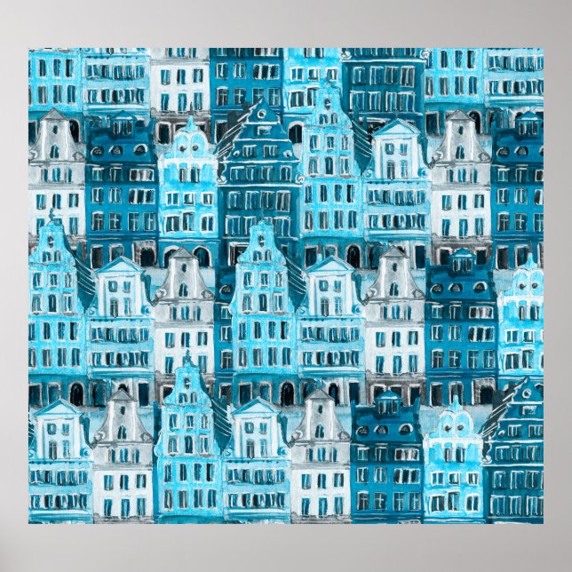 Amsterdam architecture, blue watercolor texture. poster (Front)