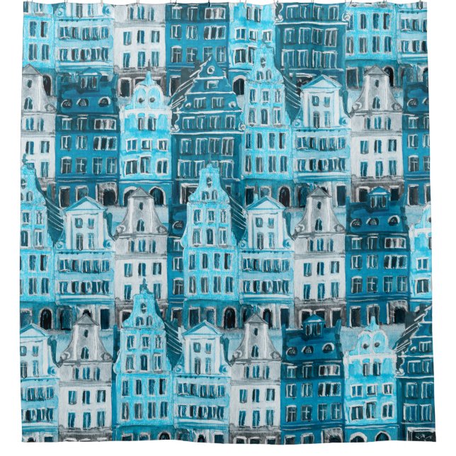Amsterdam architecture, blue watercolor texture. shower curtain (Front)