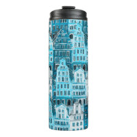 Amsterdam architecture, blue watercolor texture.