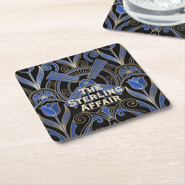 Amsterdam Art Deco | Windmills Custom Name Square Paper Coaster (Angled)