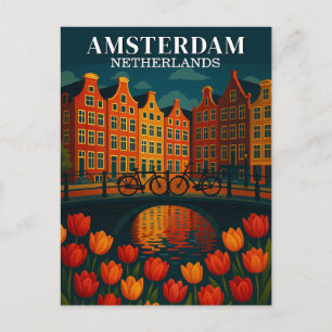 Amsterdam at Night Bicycles on Bridge Flowers Postcard