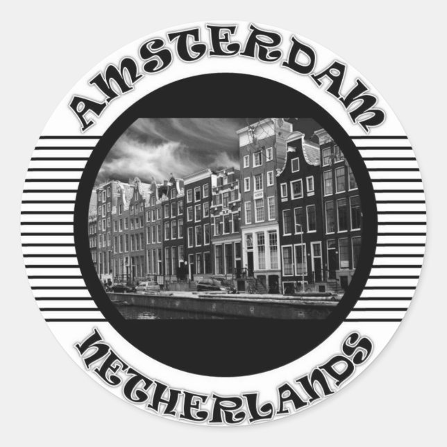 AMSTERDAM BLACK AND WHITE CLASSIC ROUND STICKER (Front)