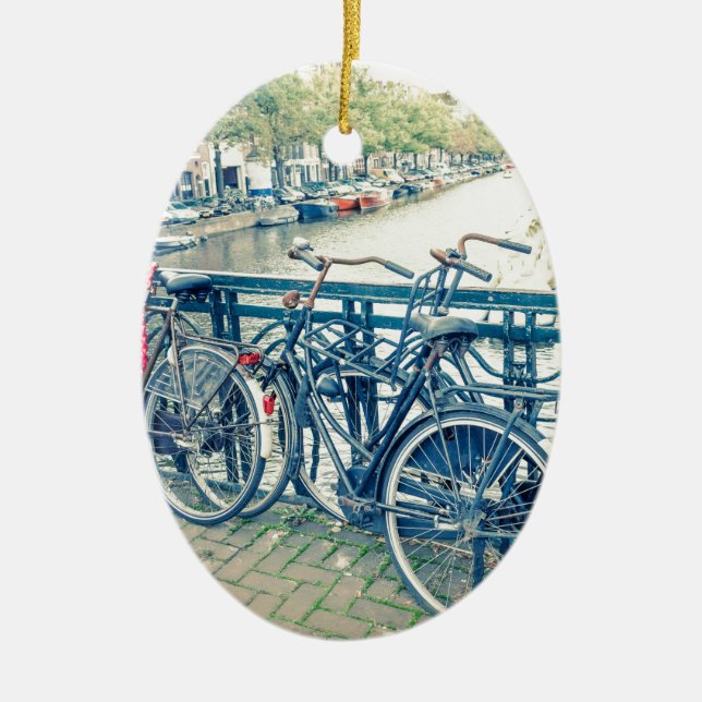 Amsterdam canal and bicycles ceramic tree decoration (Front)