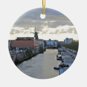 Amsterdam Canal and Windmill with setting Sun Ceramic Ornament