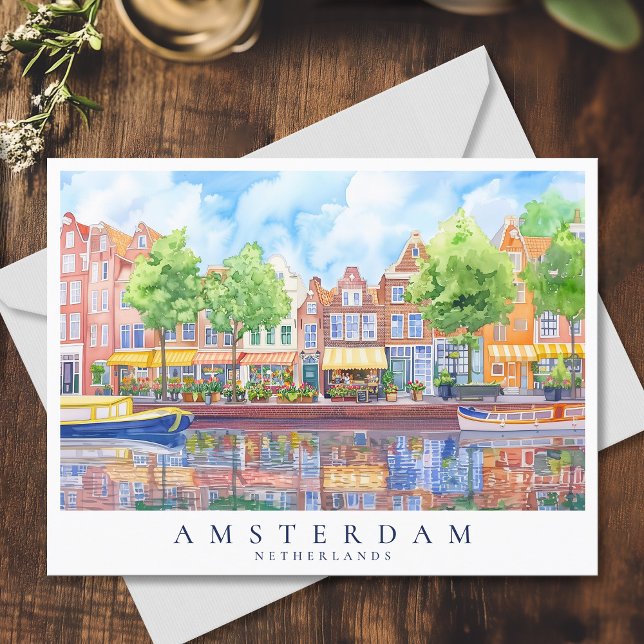 Amsterdam Canal & Boats Watercolor Travel Postcard (Amsterdam Canal & Boats Watercolor Travel Postcard)