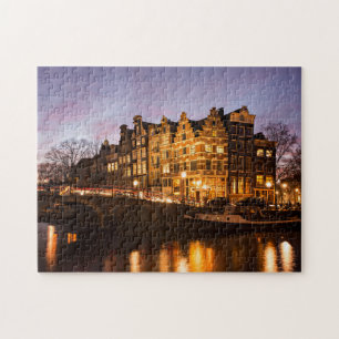 Amsterdam canal houses at dusk jigsaw puzzle