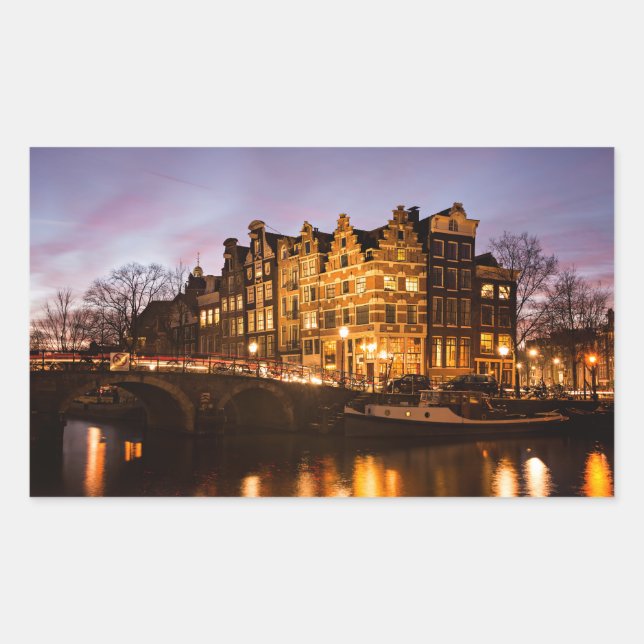 Amsterdam canal houses at dusk rectangular sticker (Front)