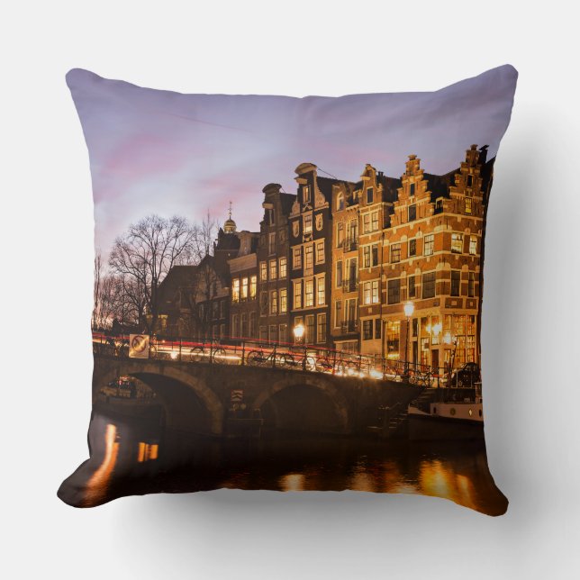 Amsterdam canal houses at dusk throw pillow (Front)