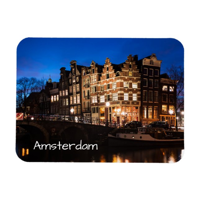 Amsterdam canal houses at night magnet (Horizontal)