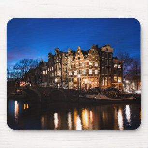 Amsterdam canal houses at night mouse pad