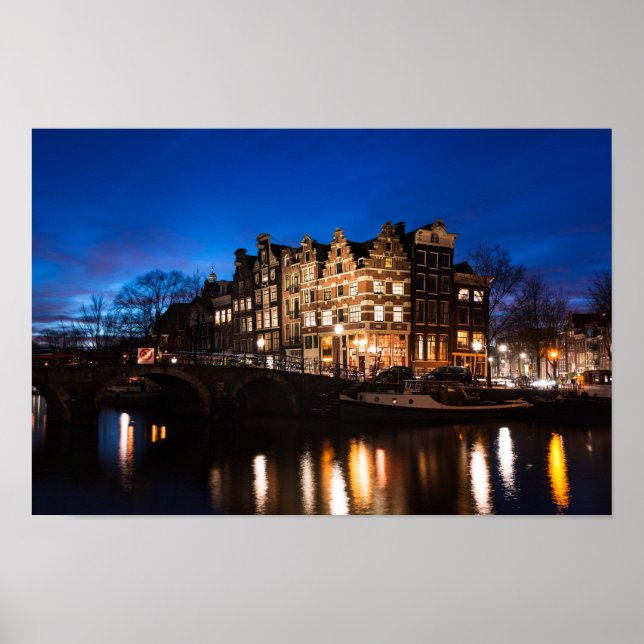 Amsterdam canal houses at night poster (Front)