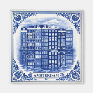 Amsterdam canal houses Delft Blue style magnet
