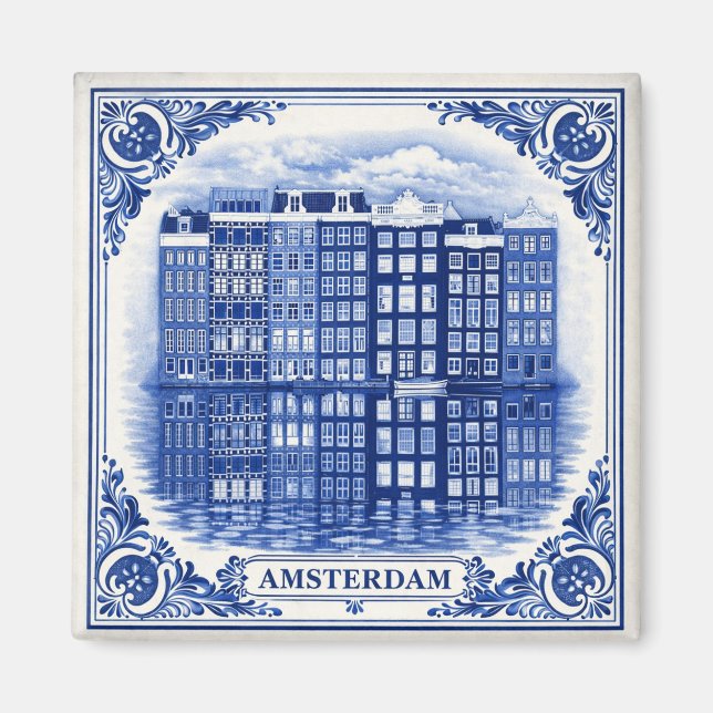 Amsterdam canal houses Delft Blue style magnet (Front)