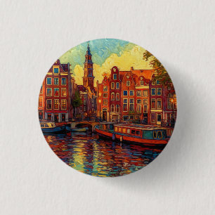 Amsterdam canal houses van Gogh style 3 Cm Round Badge