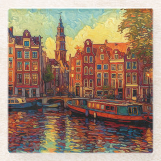 Amsterdam canal houses van Gogh style Glass Coaster