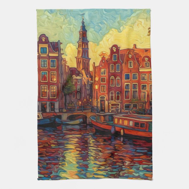 Amsterdam canal houses van Gogh style Tea Towel (Vertical)