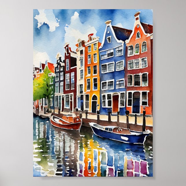 Amsterdam Canal Houses Watercolor Art Print (Front)