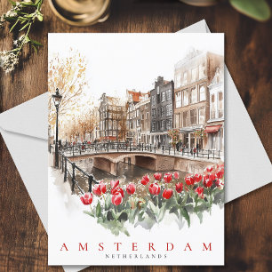 Amsterdam Canal Red Tulips Watercolor Travel Postcard