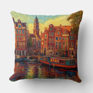 Amsterdam Canal Row   Dutch Impressionist Art Cushion