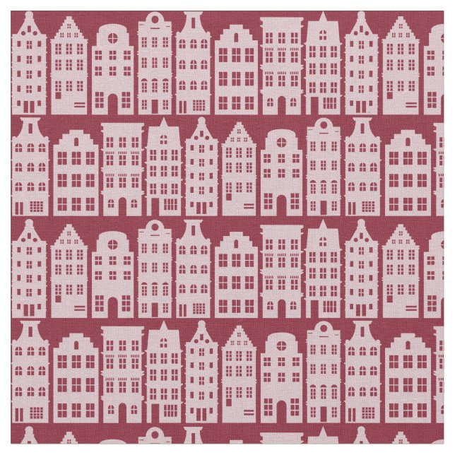 Amsterdam Canal Row Houses Marsala Red Pattern Fabric (Close Up)
