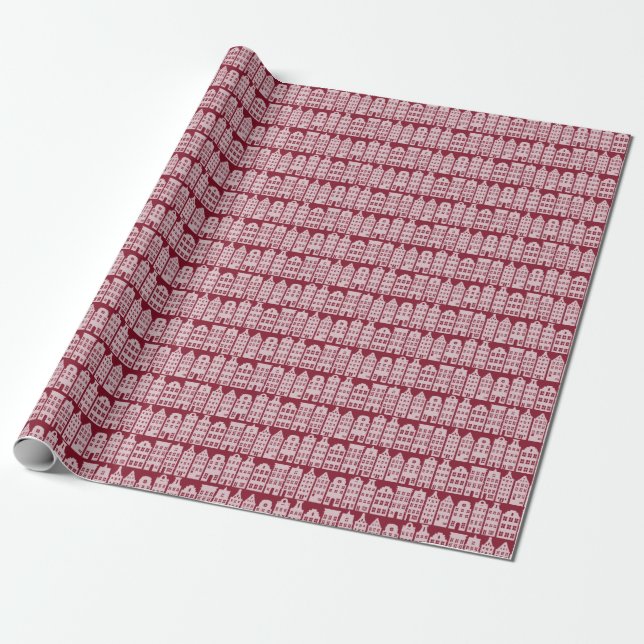 Amsterdam Canal Row Houses Marsala Red Pattern Wrapping Paper (Unrolled)