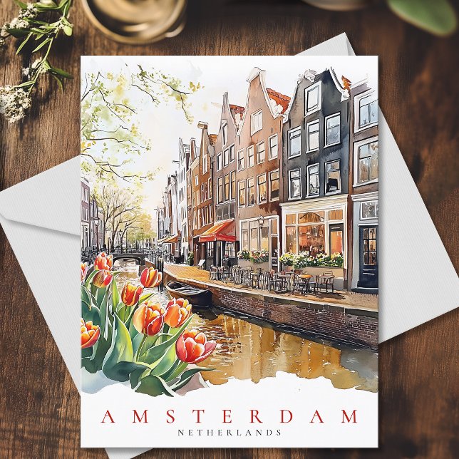 Amsterdam Canal Spring Time Watercolor Travel Postcard (Amsterdam Canal Spring Time Watercolor Travel Postcard)