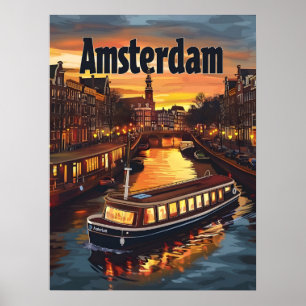Amsterdam Canal : Sunset and City lights Poster