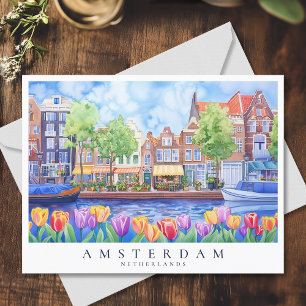 Amsterdam Canal & Tulips Watercolor Travel Postcard