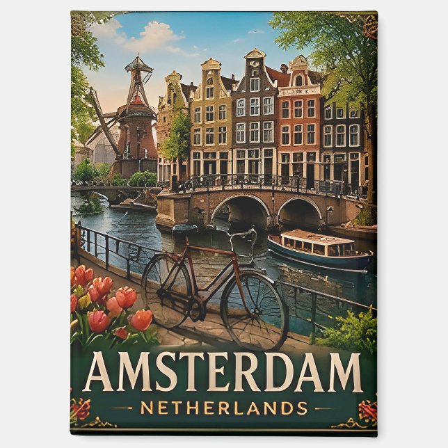 🧲 Amsterdam Canal Vacation Memory Netherlands 🚲 Magnet (Front)