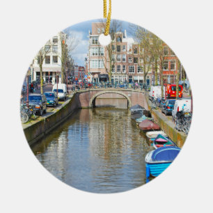 Amsterdam Canal with boats Ceramic Tree Decoration
