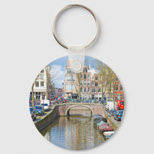 Amsterdam Canal with boats Key Ring