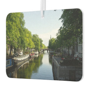 Amsterdam Canal with Houseboats and Lush Trees Car Air Freshener