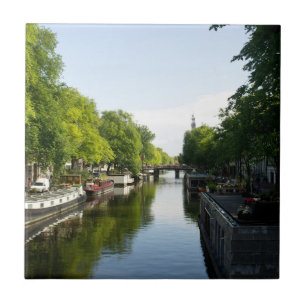 Amsterdam Canal with Houseboats Netherlands Tile