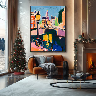 Amsterdam Canals and Bicycles in Fauvist Artistic Poster