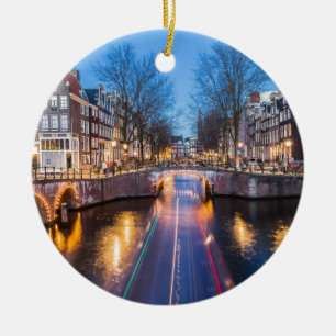 Amsterdam Canals at Night Ceramic Tree Decoration