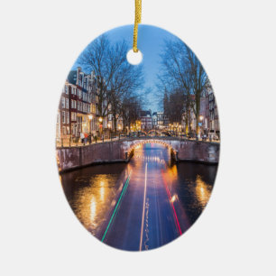 Amsterdam Canals at Night Ceramic Tree Decoration