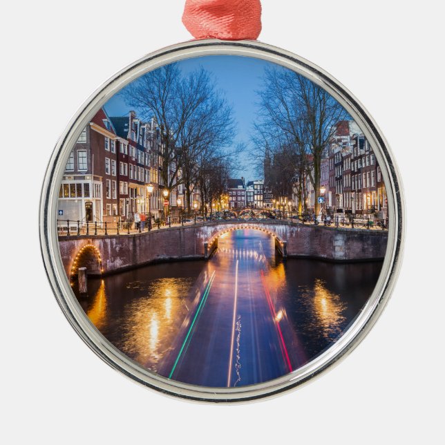 Amsterdam Canals at Night Metal Tree Decoration (Front)
