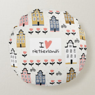Amsterdam city architecture bicycles tulips seamle round cushion