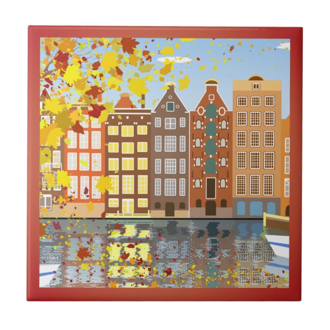 Amsterdam City Canal Autumn Colourful Ceramic Tile (Front)