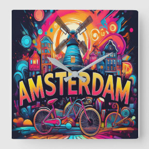 Amsterdam - city of bikes square wall clock