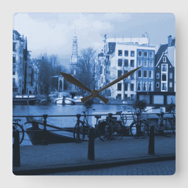 Amsterdam City View Delftware-Style Wall Clock (Front)