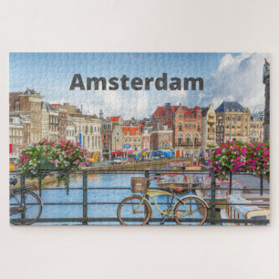 Amsterdam City View - Old Buildings, River, Boats  Jigsaw Puzzle