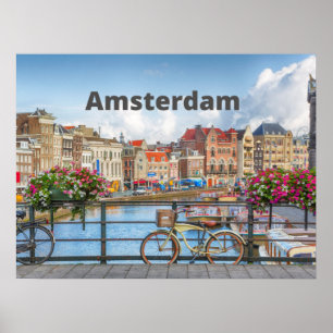 Amsterdam City View - Old Buildings, River, Boats  Poster