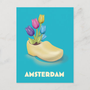 Amsterdam Cloggs and Tulips travel poster. Postcard