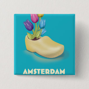 Amsterdam Cloggs and Tulips travel poster. T-Shirt 15 Cm Square Badge
