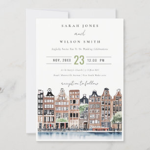 Amsterdam Dutch Canal Watercolor Landscape Wedding Invitation