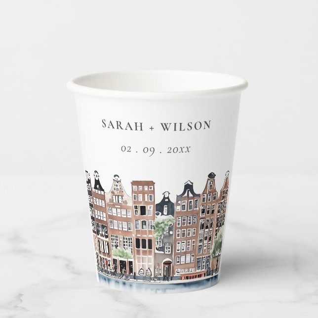 Amsterdam Dutch Canal Watercolor Landscape Wedding Paper Cups (Front)
