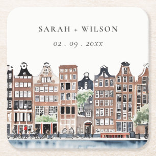 Amsterdam Dutch Canal Watercolor Landscape Wedding Square Paper Coaster