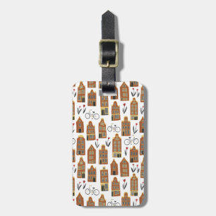 Amsterdam Dutch Houses Tulips Bikes Pattern White Luggage Tag